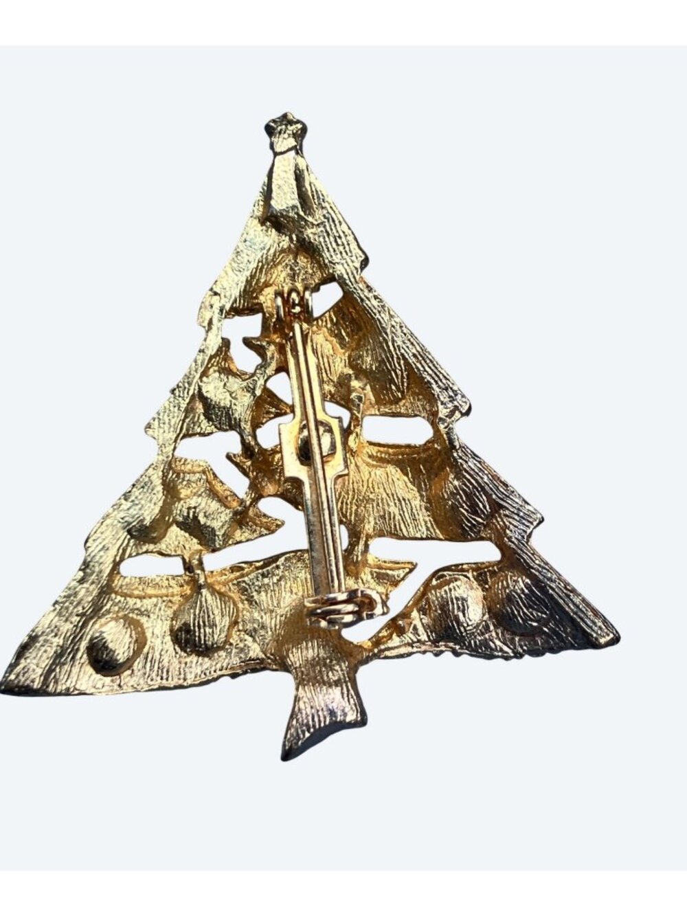 Christmas Tree Pin Brooch Vintage Multi Colored Rhinestone Brushed Gold Tone - Picture 9 of 10
